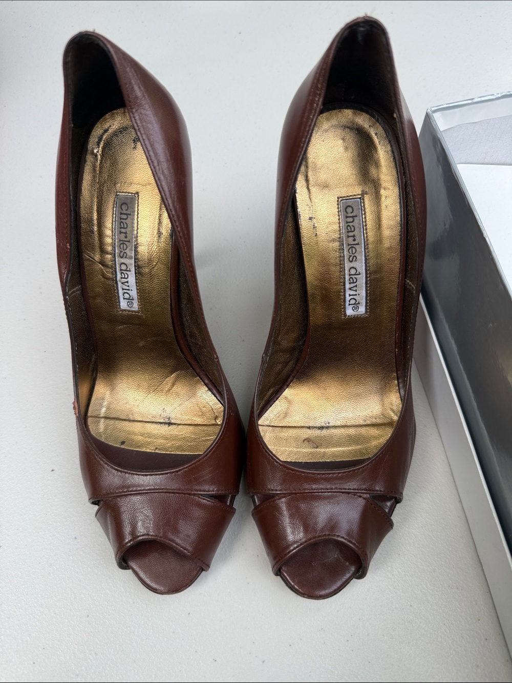 Charles David Brown Leather Peep-Toe Pumps
